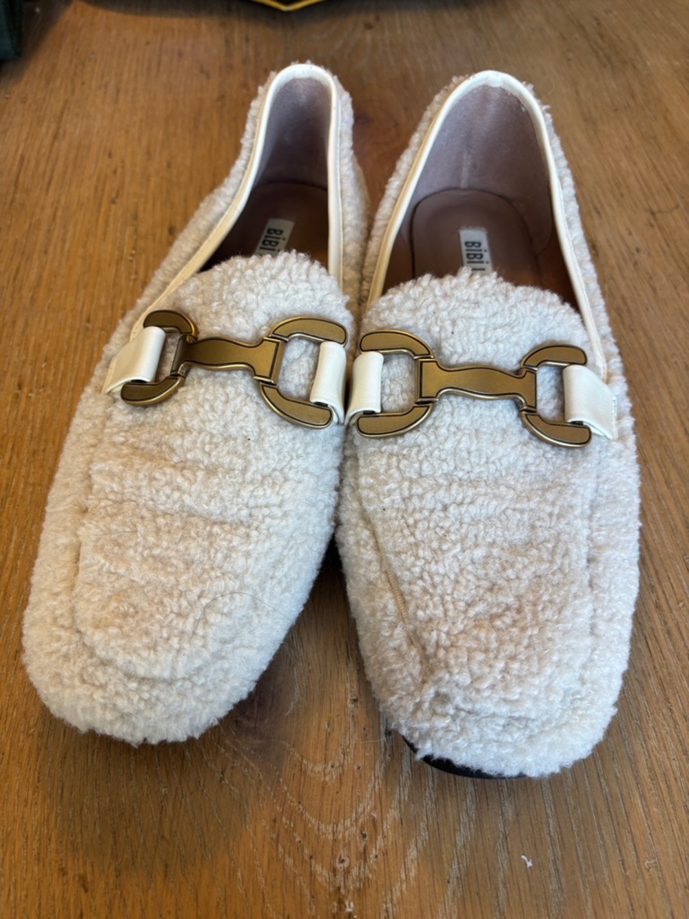 Bibi Lou Women's Cream Sherpa Loafers with Gold Horsebit